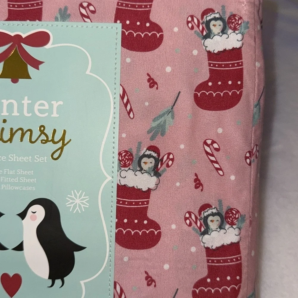 Winter Whimsy Penguin and Red Christmas Stockings Holiday Queen Sheet Set